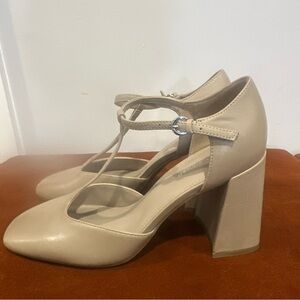 T Strap Pumps Marc Fisher Classic Neutral Style Block Heel Leather Taupe